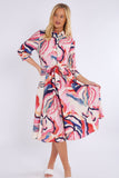 8Pcs Blue and Pink Pattern Print Midi Shirt Dress