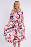8Pcs Blue and Pink Pattern Print Midi Shirt Dress