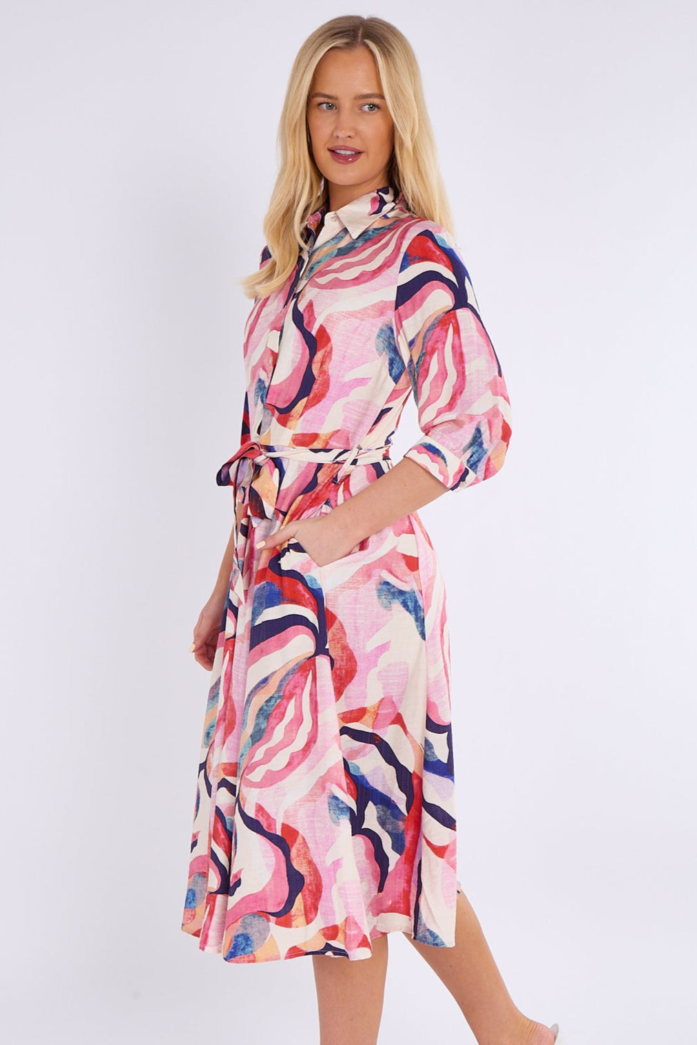 8Pcs Blue and Pink Pattern Print Midi Shirt Dress