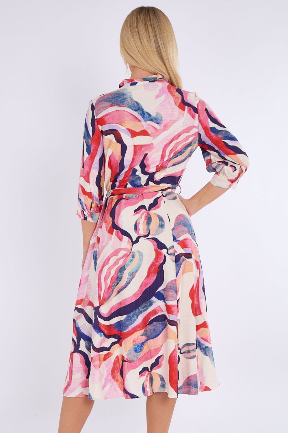 8Pcs Blue and Pink Pattern Print Midi Shirt Dress