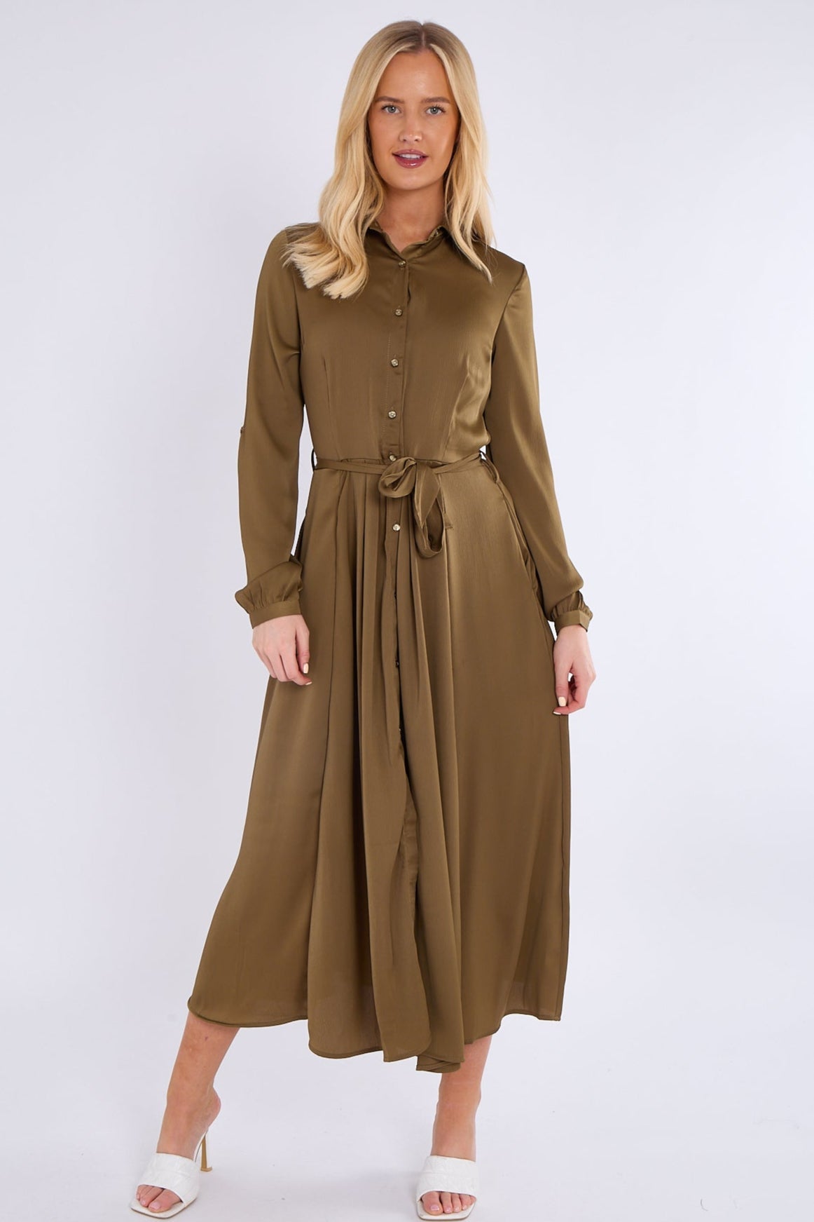 8Pcs Olive Layered Satin Long Sleeve Maxi Shirt Dress