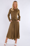 8Pcs Olive Layered Satin Long Sleeve Maxi Shirt Dress