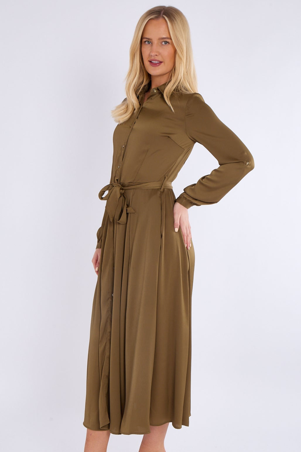 8Pcs Olive Layered Satin Long Sleeve Maxi Shirt Dress