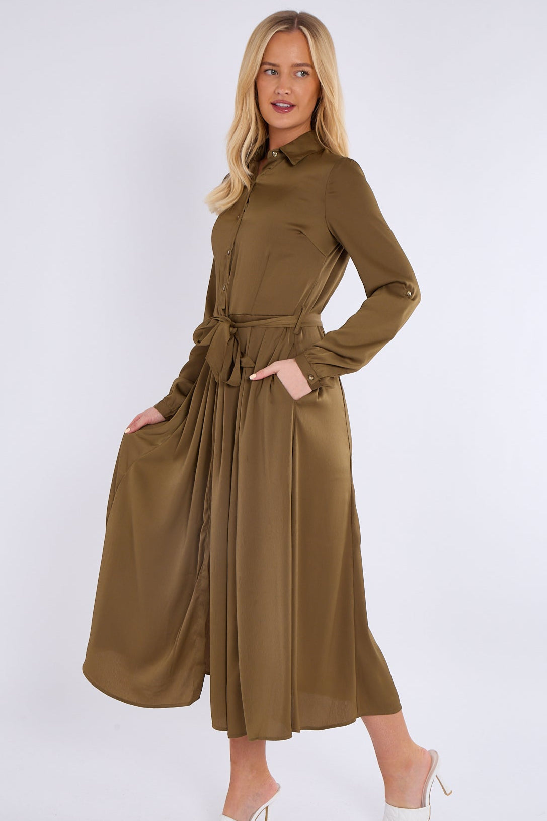 8Pcs Olive Layered Satin Long Sleeve Maxi Shirt Dress