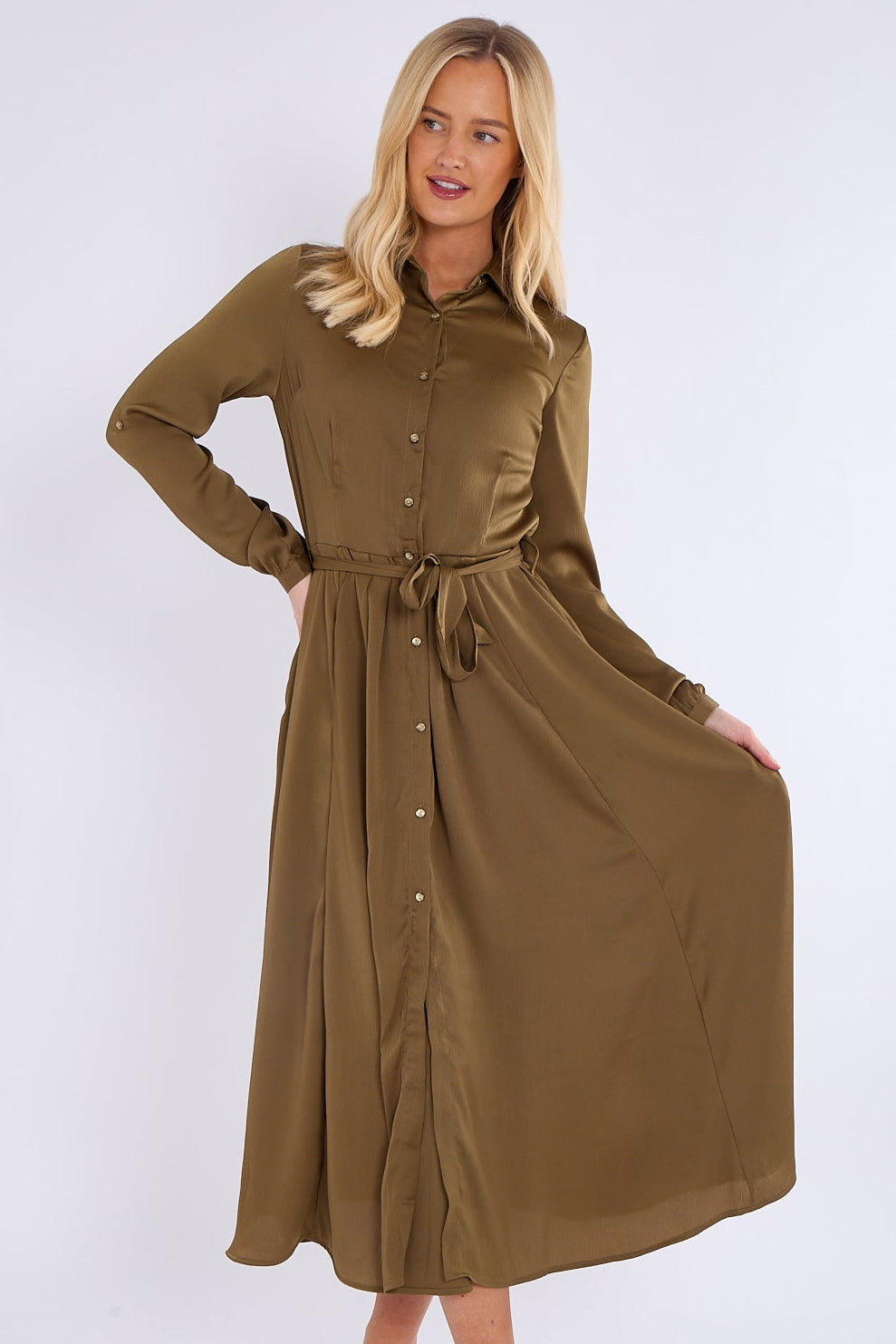8Pcs Olive Layered Satin Long Sleeve Maxi Shirt Dress