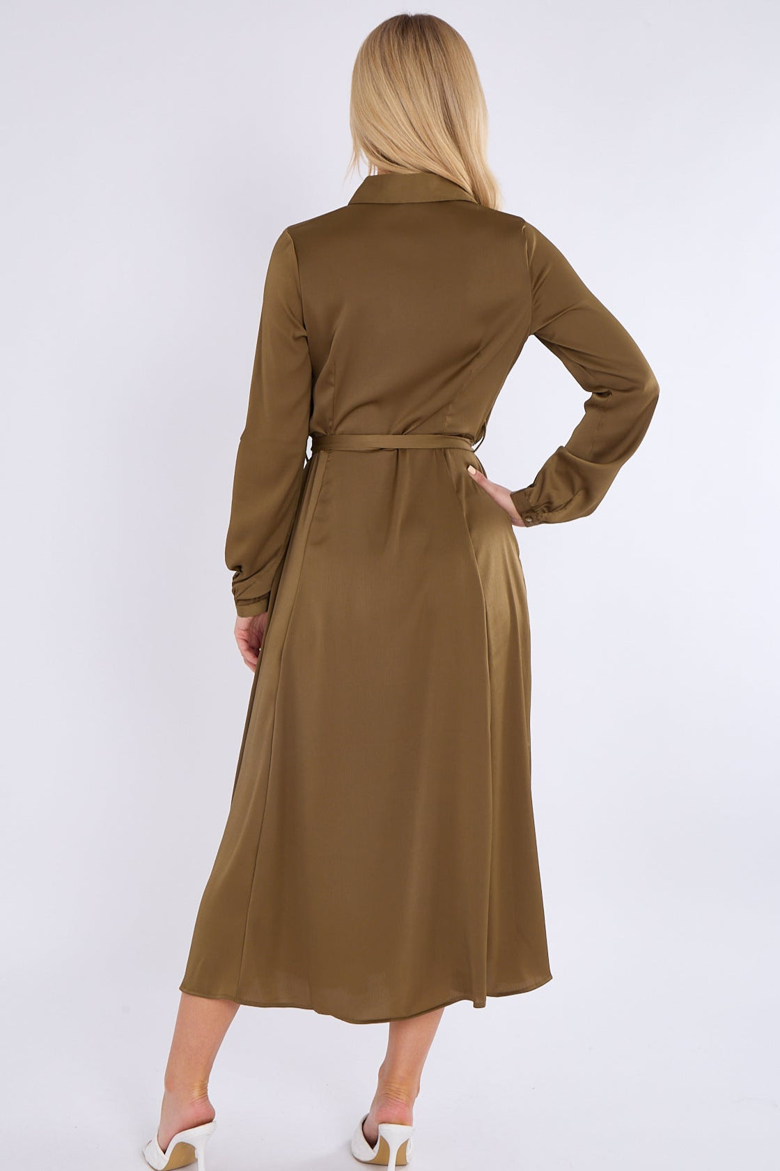 8Pcs Olive Layered Satin Long Sleeve Maxi Shirt Dress