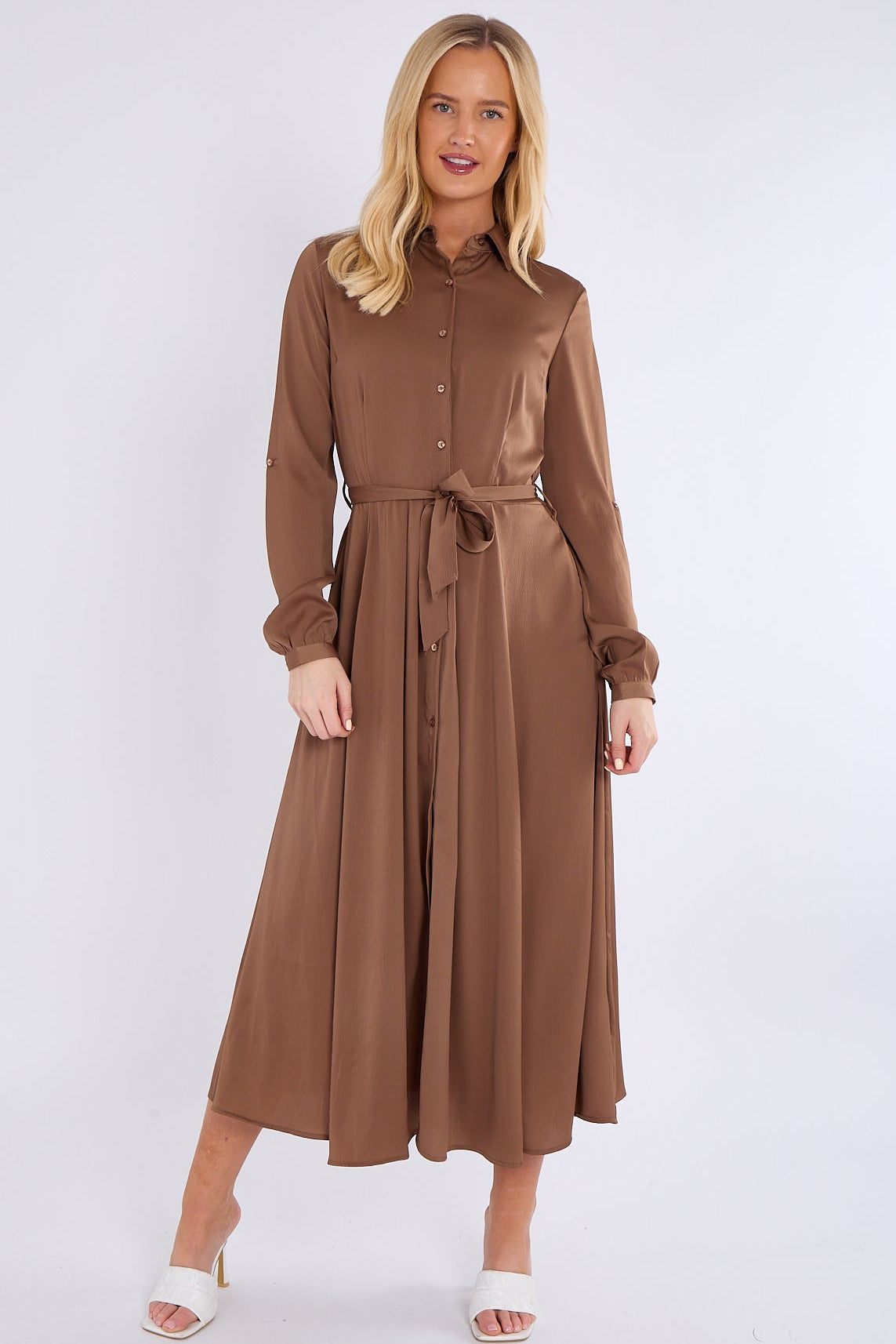 8Pcs Mocha Layered Satin Long Sleeve Maxi Shirt Dress