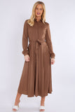 8Pcs Mocha Layered Satin Long Sleeve Maxi Shirt Dress