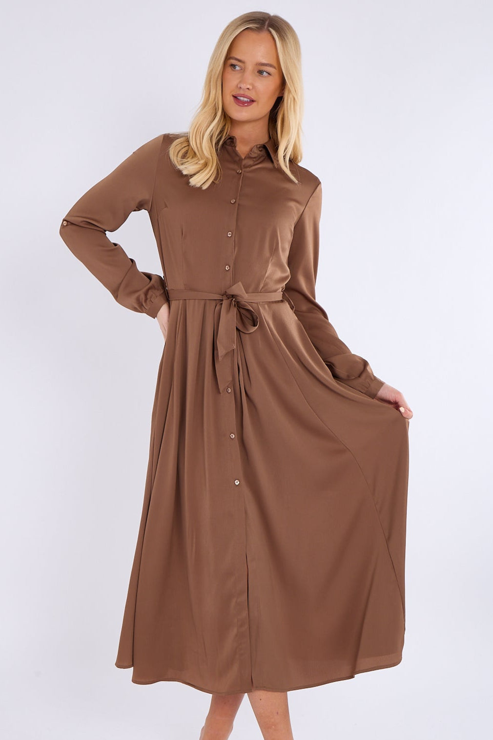 8Pcs Mocha Layered Satin Long Sleeve Maxi Shirt Dress