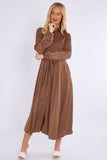 8Pcs Mocha Layered Satin Long Sleeve Maxi Shirt Dress