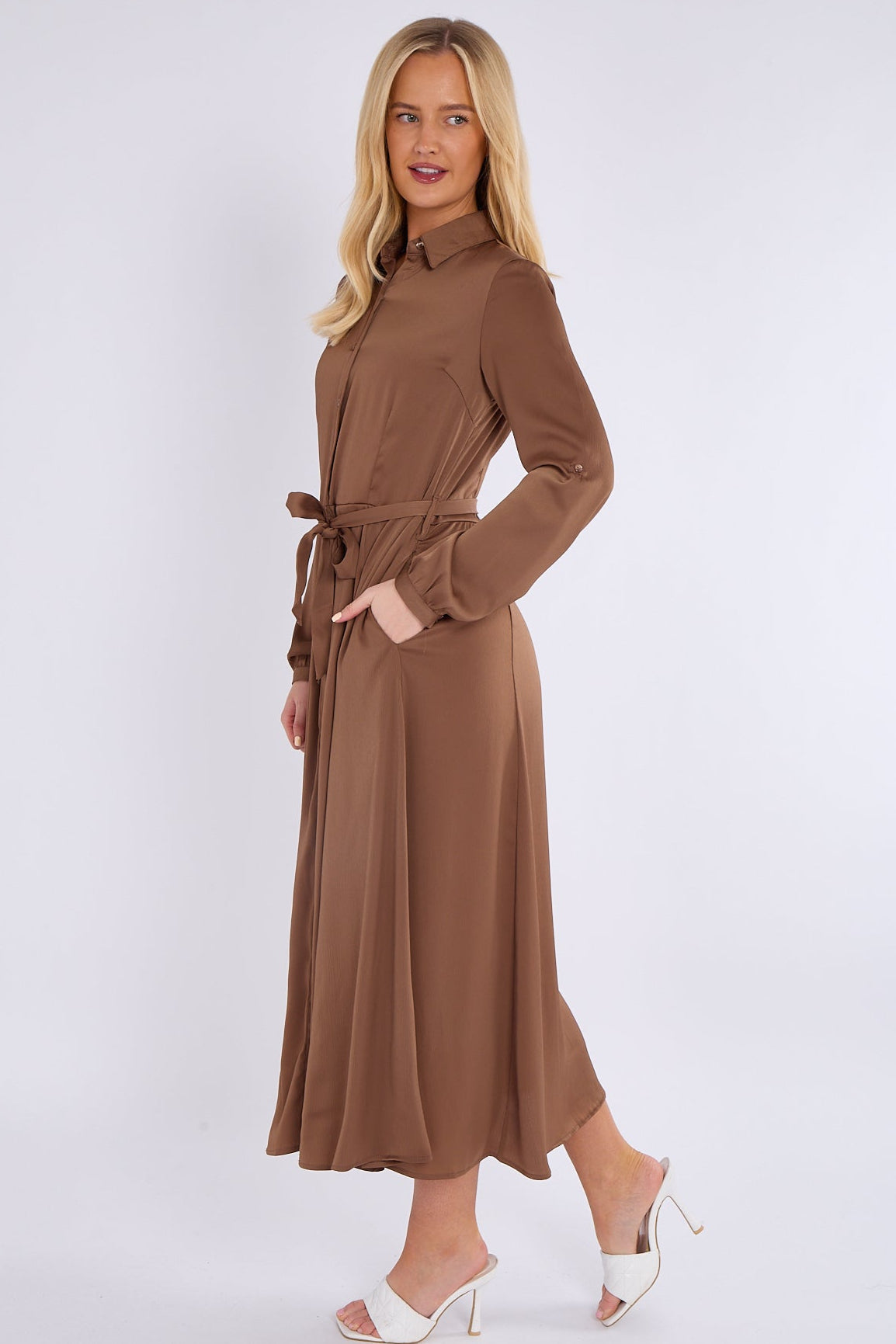 8Pcs Mocha Layered Satin Long Sleeve Maxi Shirt Dress