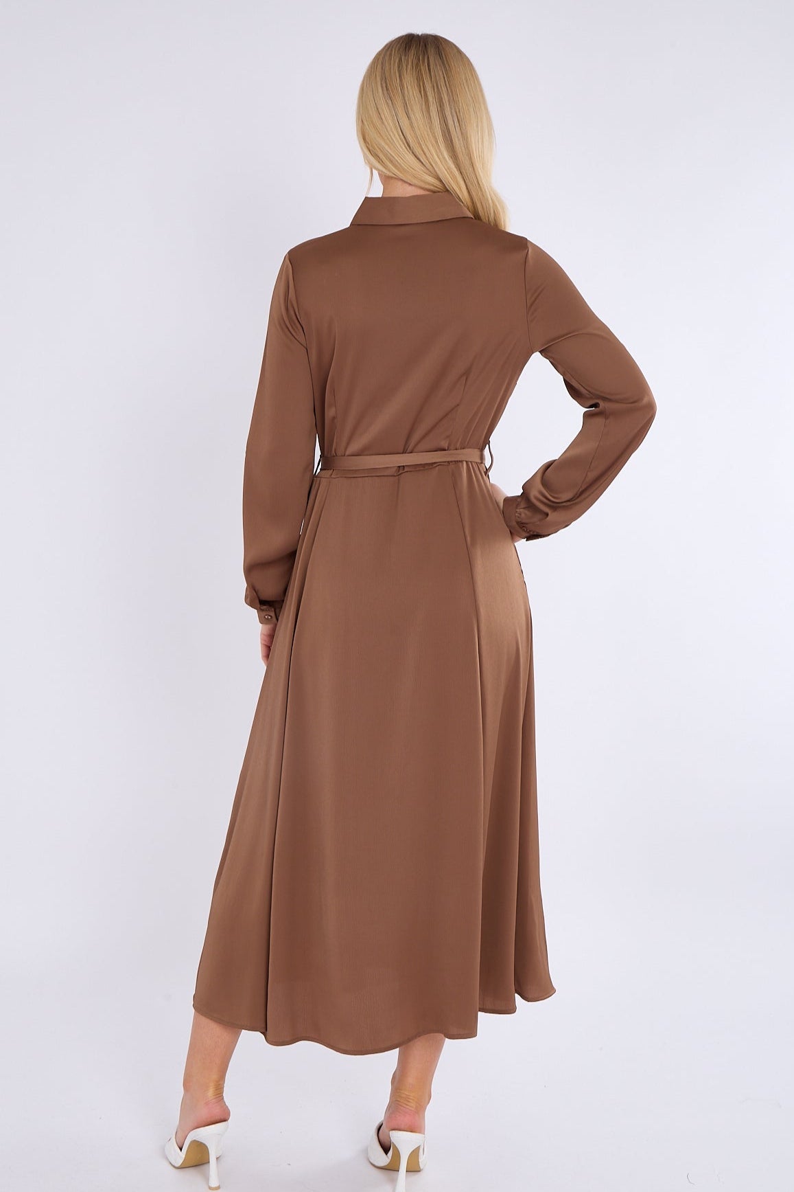 8Pcs Mocha Layered Satin Long Sleeve Maxi Shirt Dress