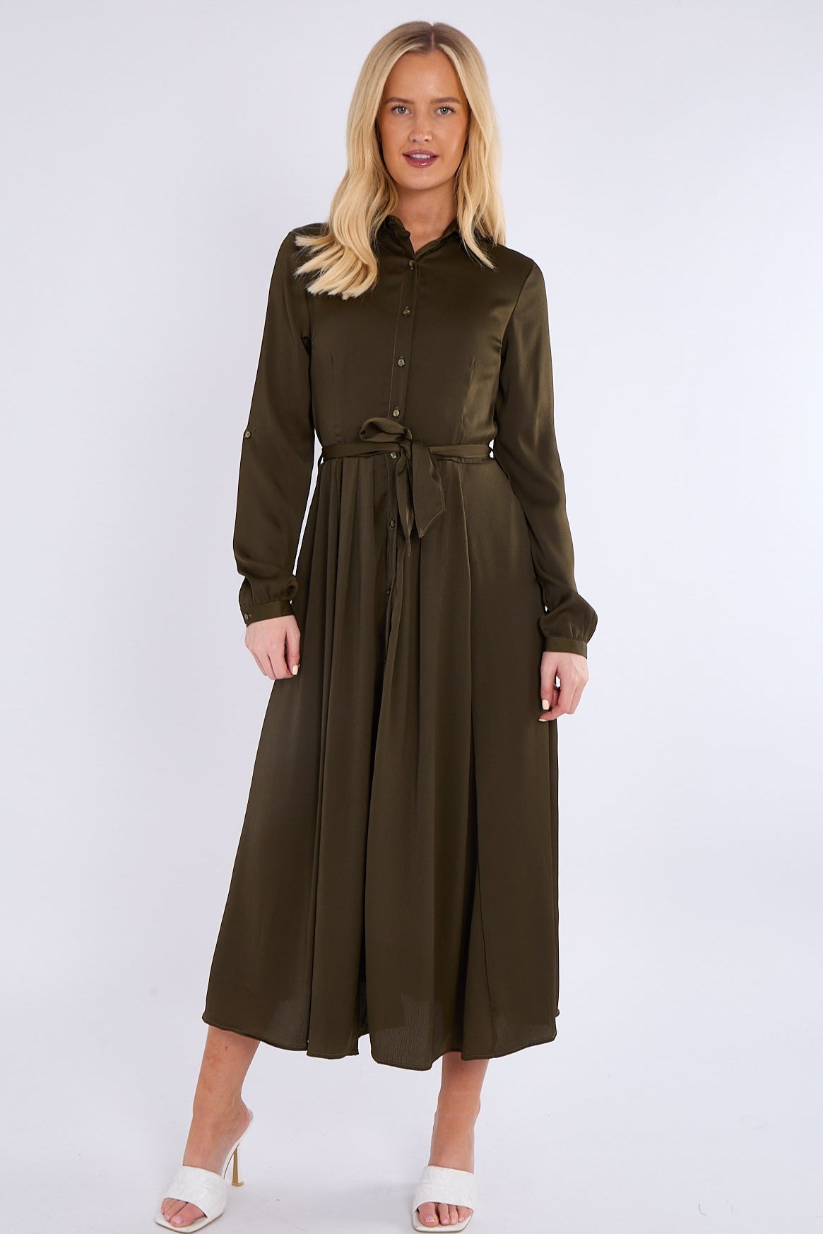 8Pcs Khaki Layered Satin Long Sleeve Maxi Shirt Dress