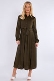 8Pcs Khaki Layered Satin Long Sleeve Maxi Shirt Dress