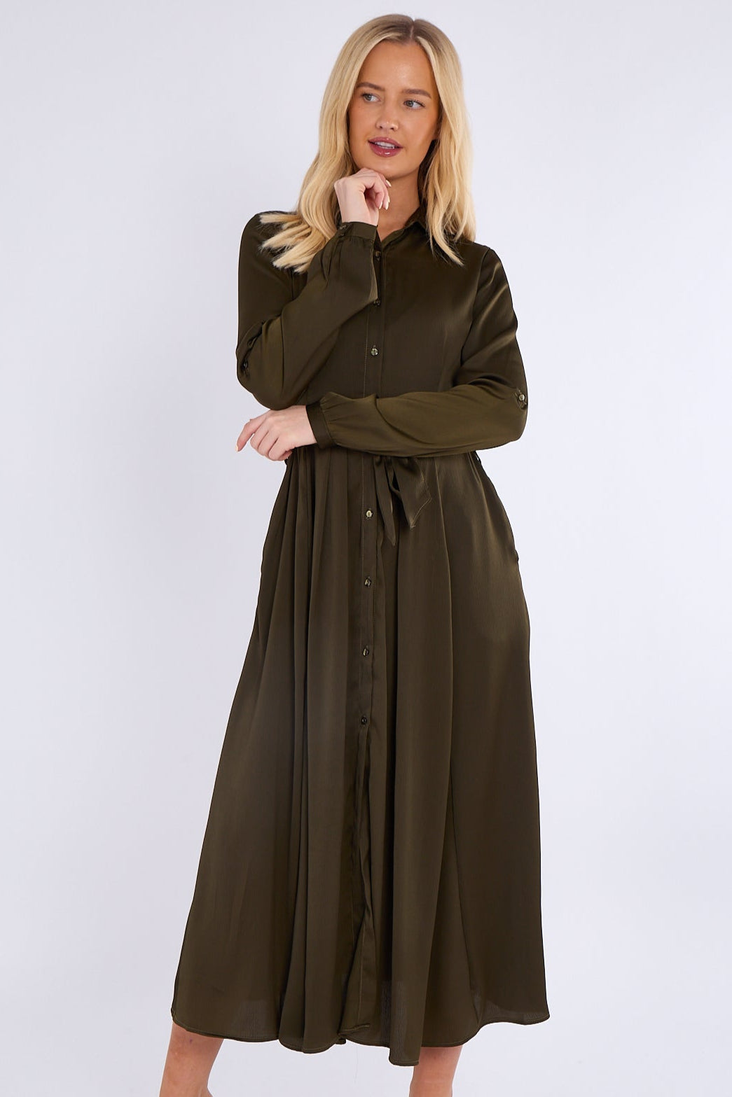 8Pcs Khaki Layered Satin Long Sleeve Maxi Shirt Dress