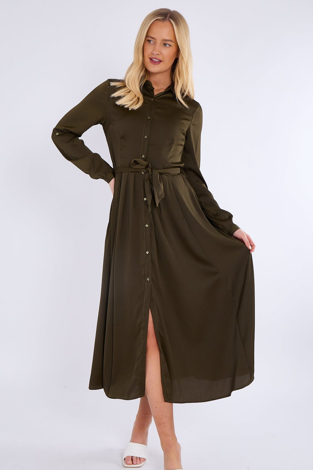 8Pcs Khaki Layered Satin Long Sleeve Maxi Shirt Dress