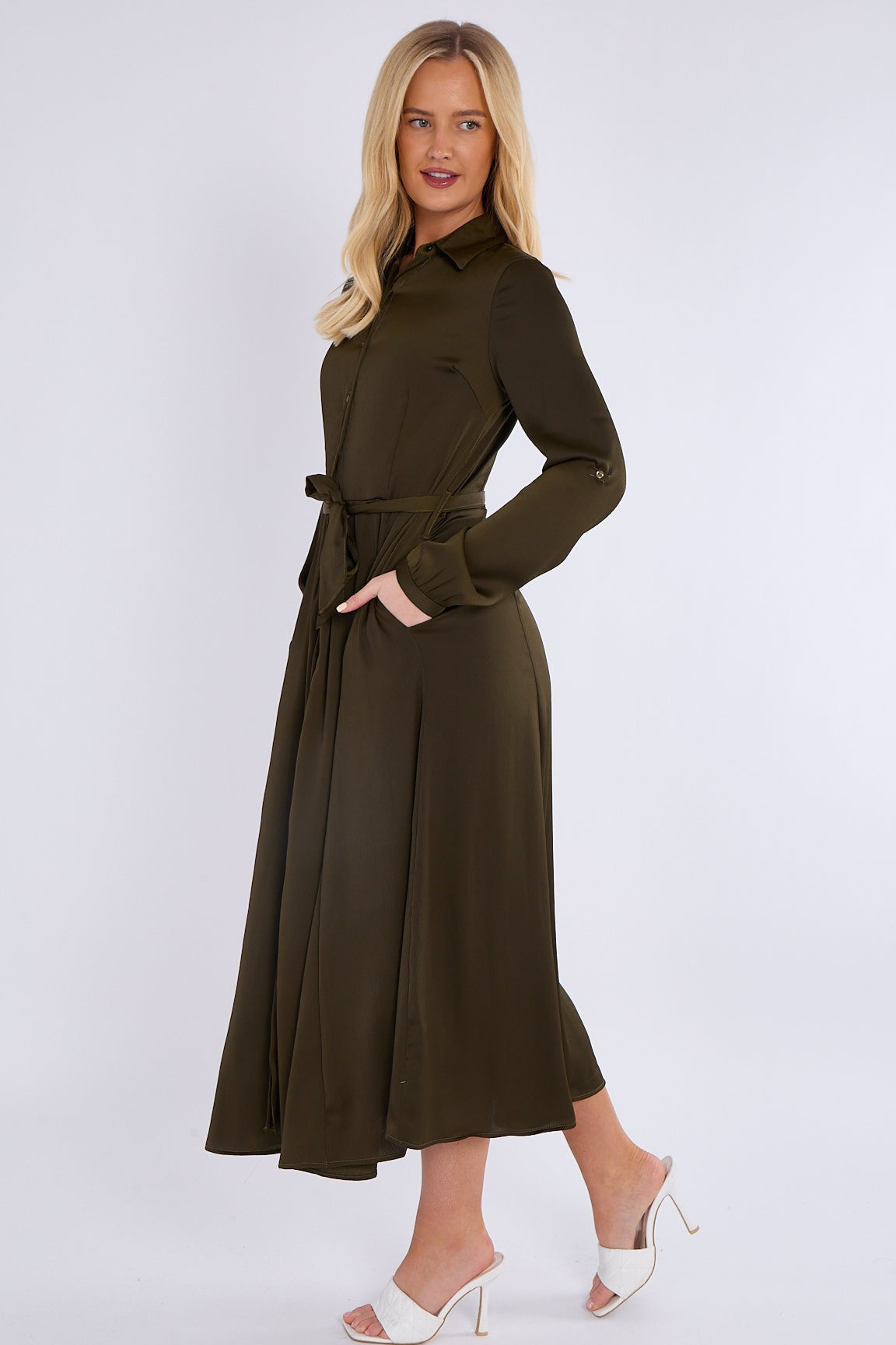 8Pcs Khaki Layered Satin Long Sleeve Maxi Shirt Dress