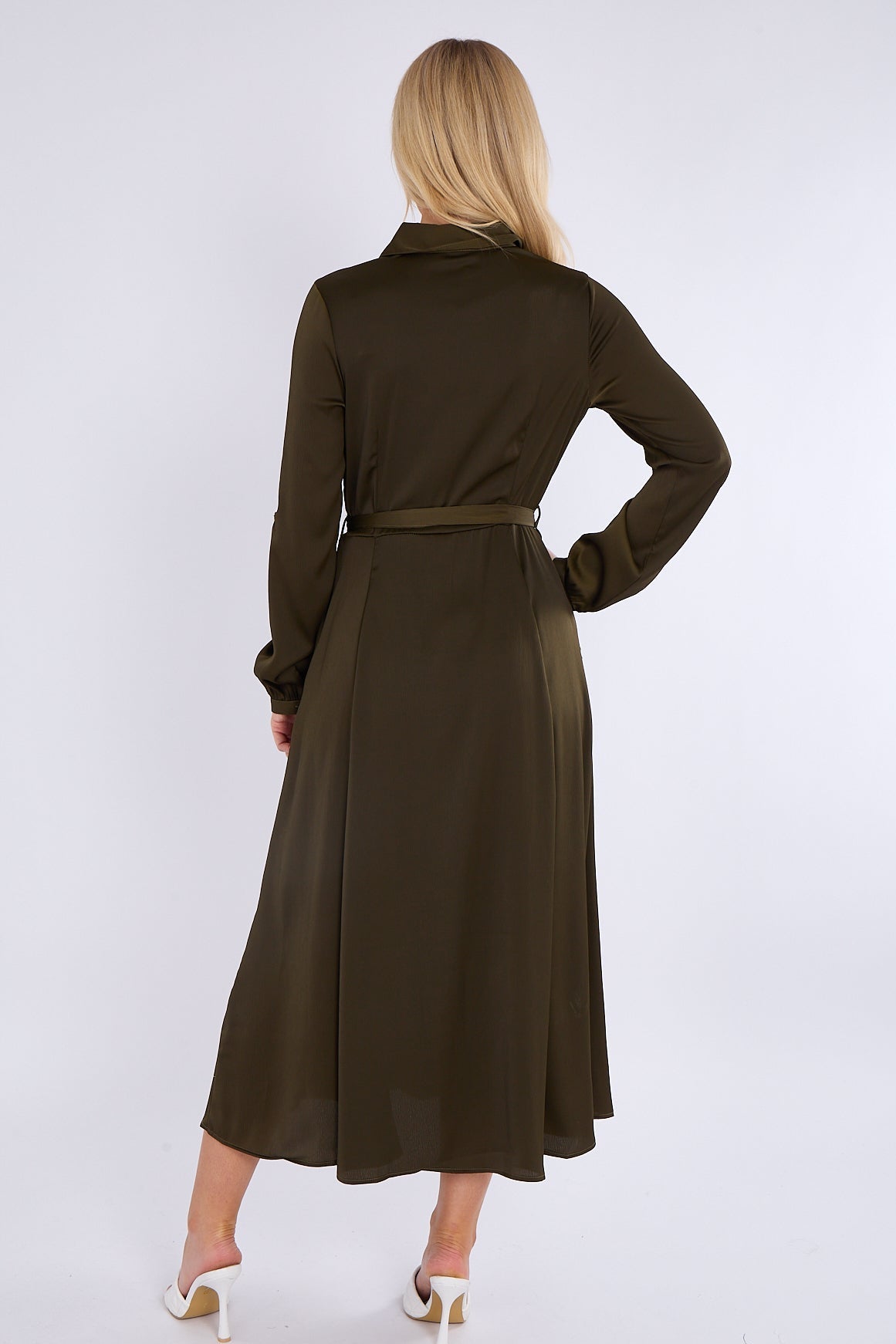 8Pcs Khaki Layered Satin Long Sleeve Maxi Shirt Dress