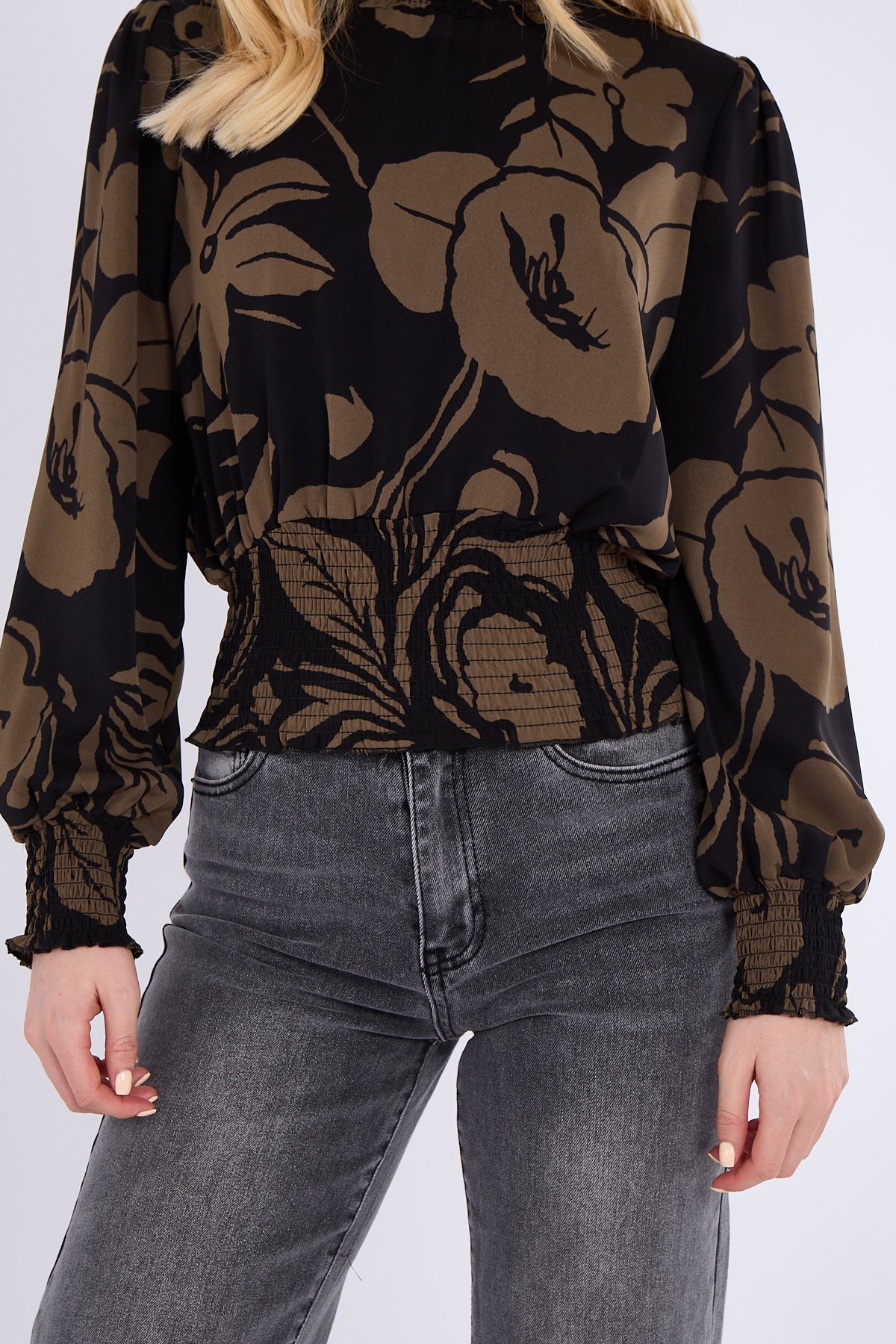 8Pcs Khaki Floral Print Shirred Waist Cropped Top