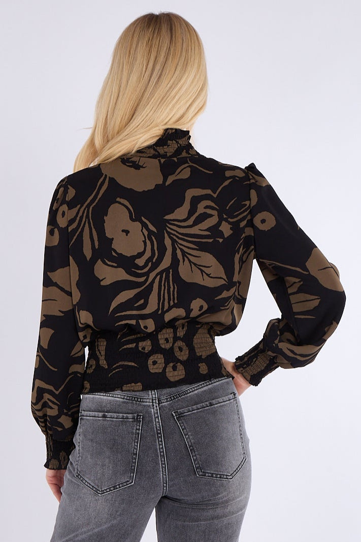 8Pcs Khaki Floral Print Shirred Waist Cropped Top