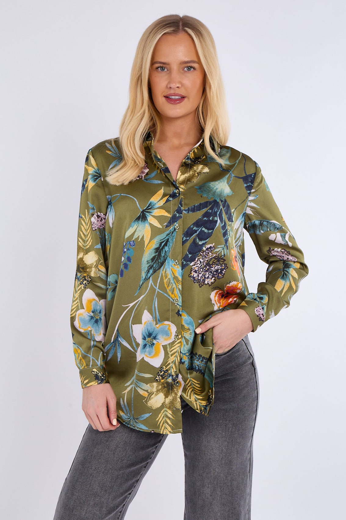8Pcs Olive Floral Print Bubble Satin Shirt
