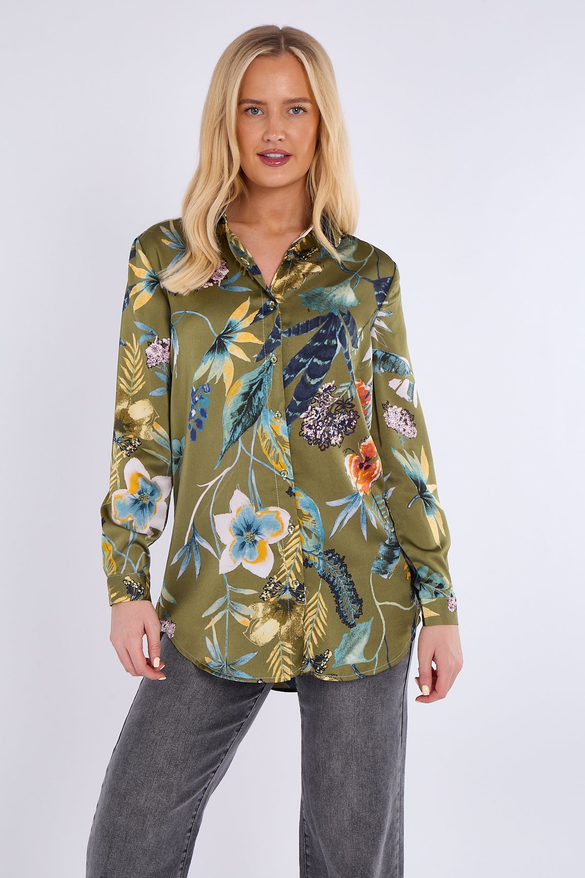 8Pcs Olive Floral Print Bubble Satin Shirt
