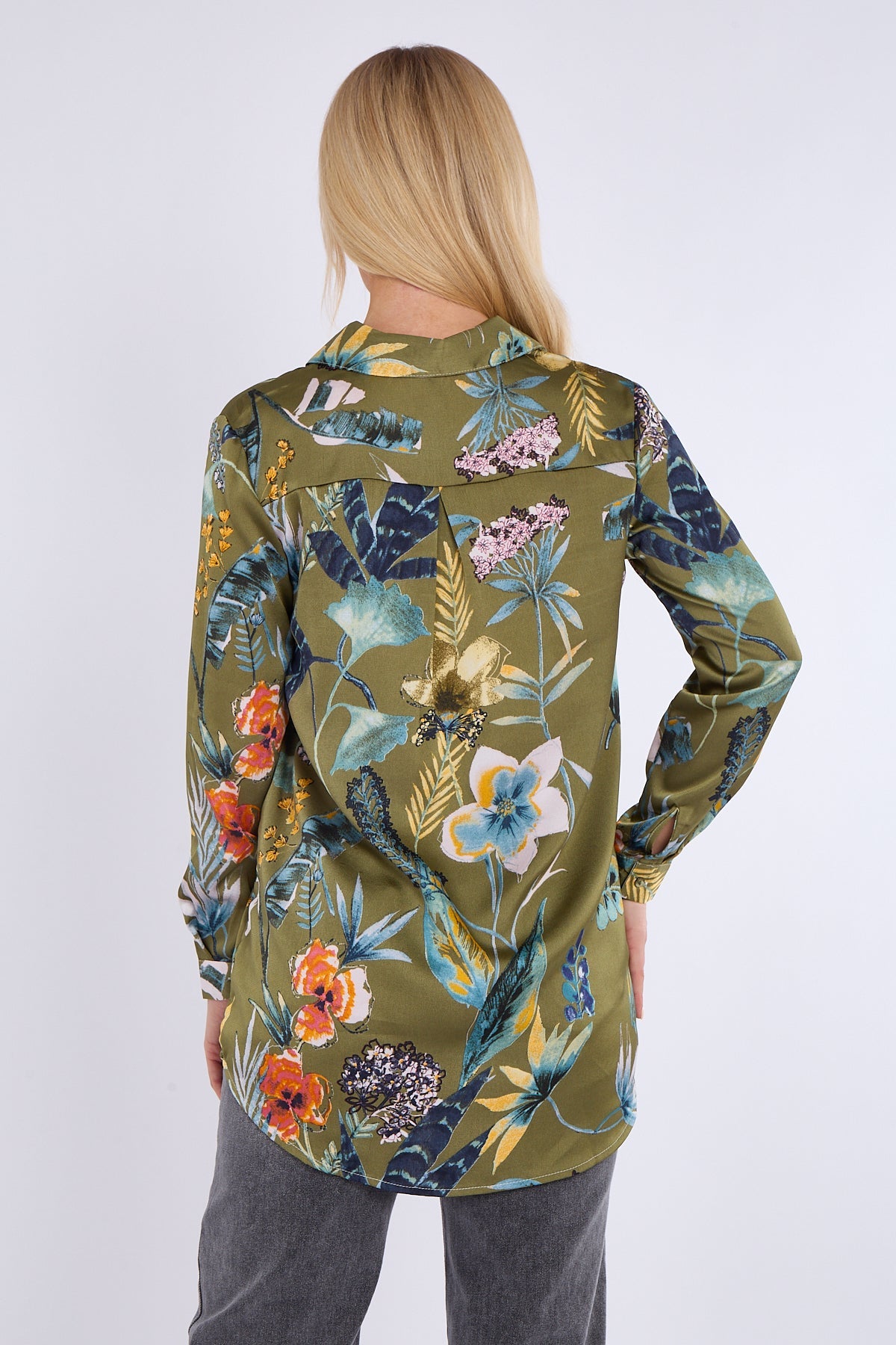 8Pcs Olive Floral Print Bubble Satin Shirt