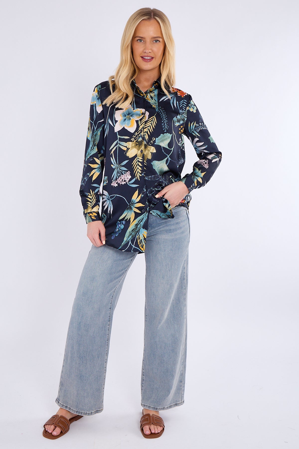 8Pcs Navy Floral Print Bubble Satin Shirt