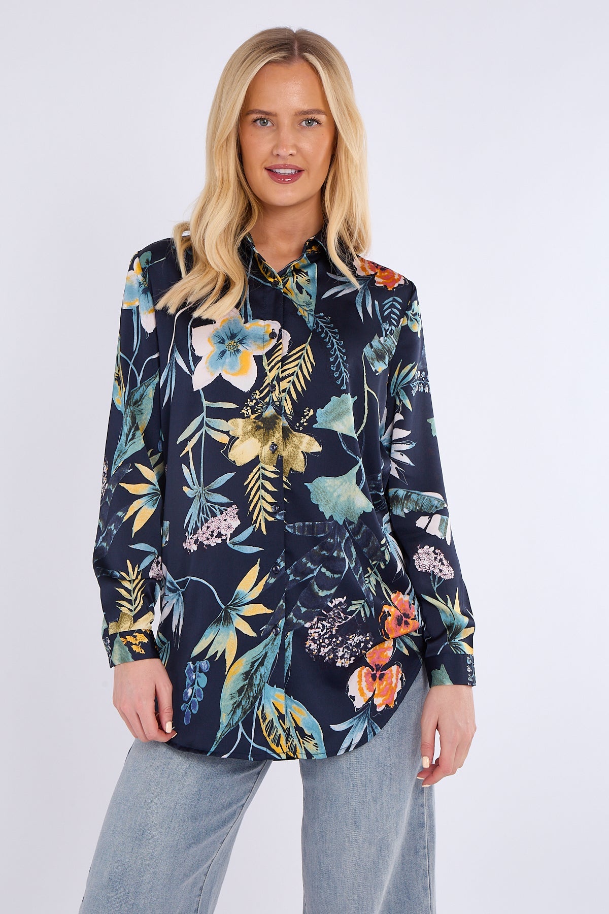 8Pcs Navy Floral Print Bubble Satin Shirt