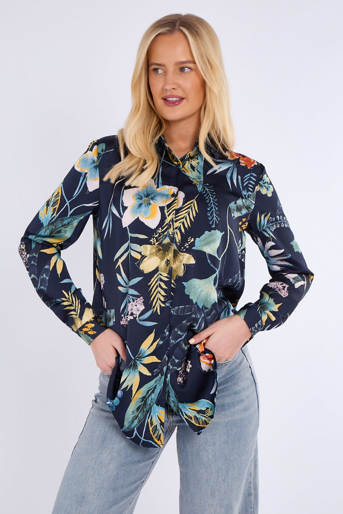 8Pcs Navy Floral Print Bubble Satin Shirt