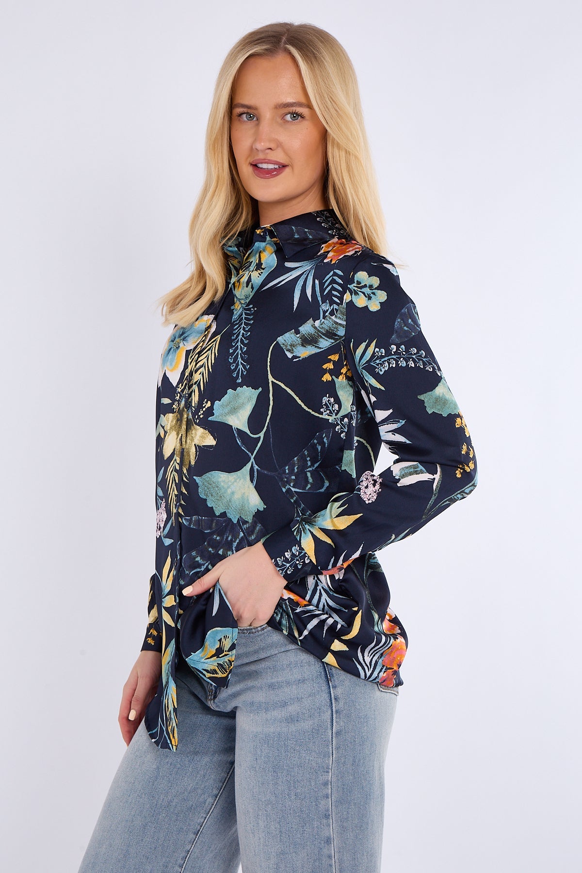 8Pcs Navy Floral Print Bubble Satin Shirt