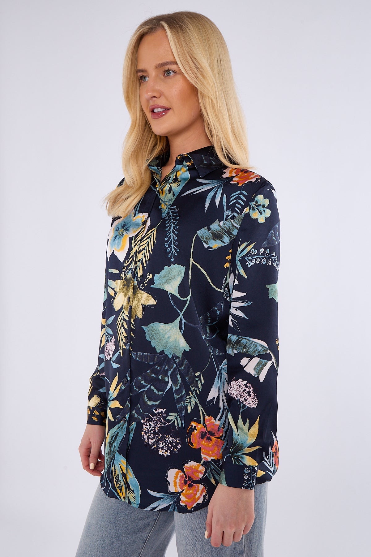 8Pcs Navy Floral Print Bubble Satin Shirt