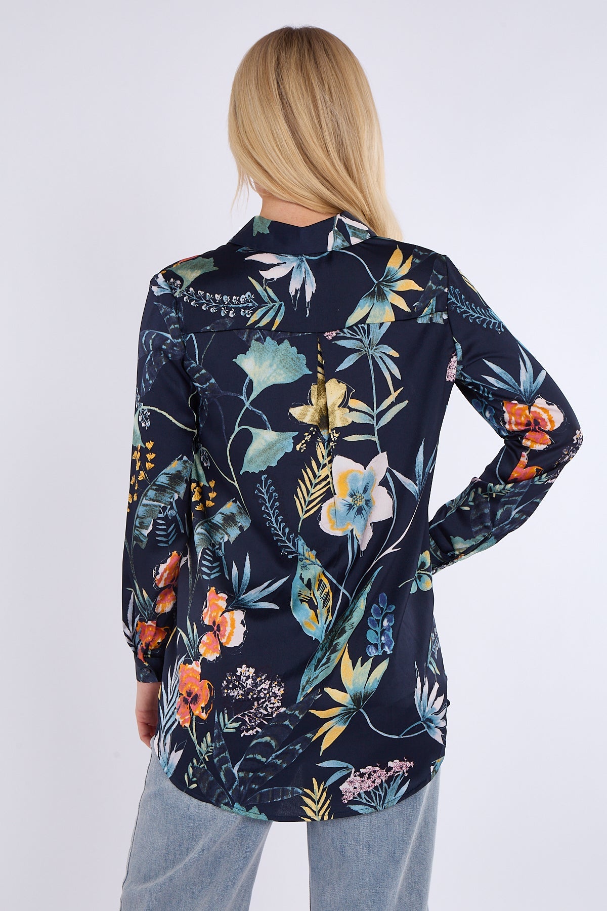8Pcs Navy Floral Print Bubble Satin Shirt