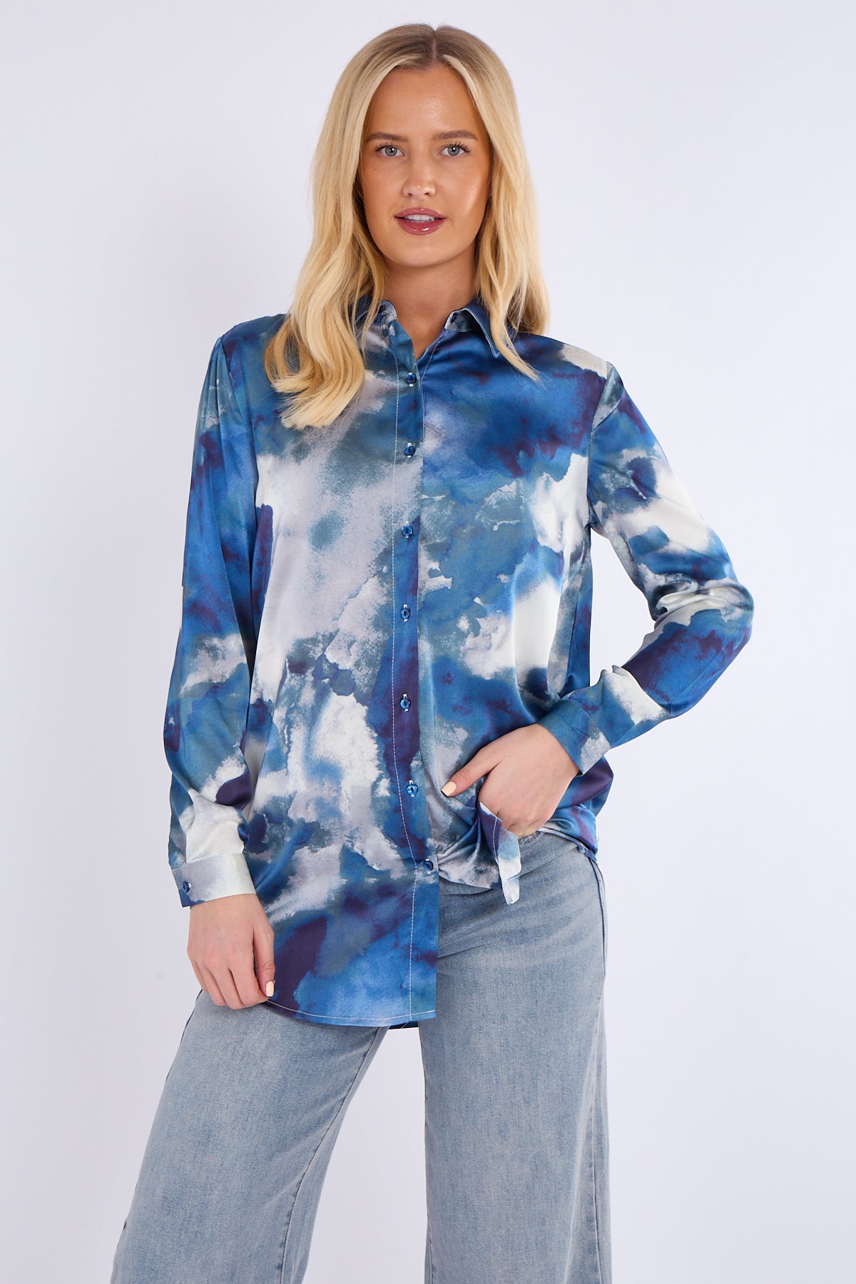 8Pcs Blue Tie Dye Print Satin Shirt