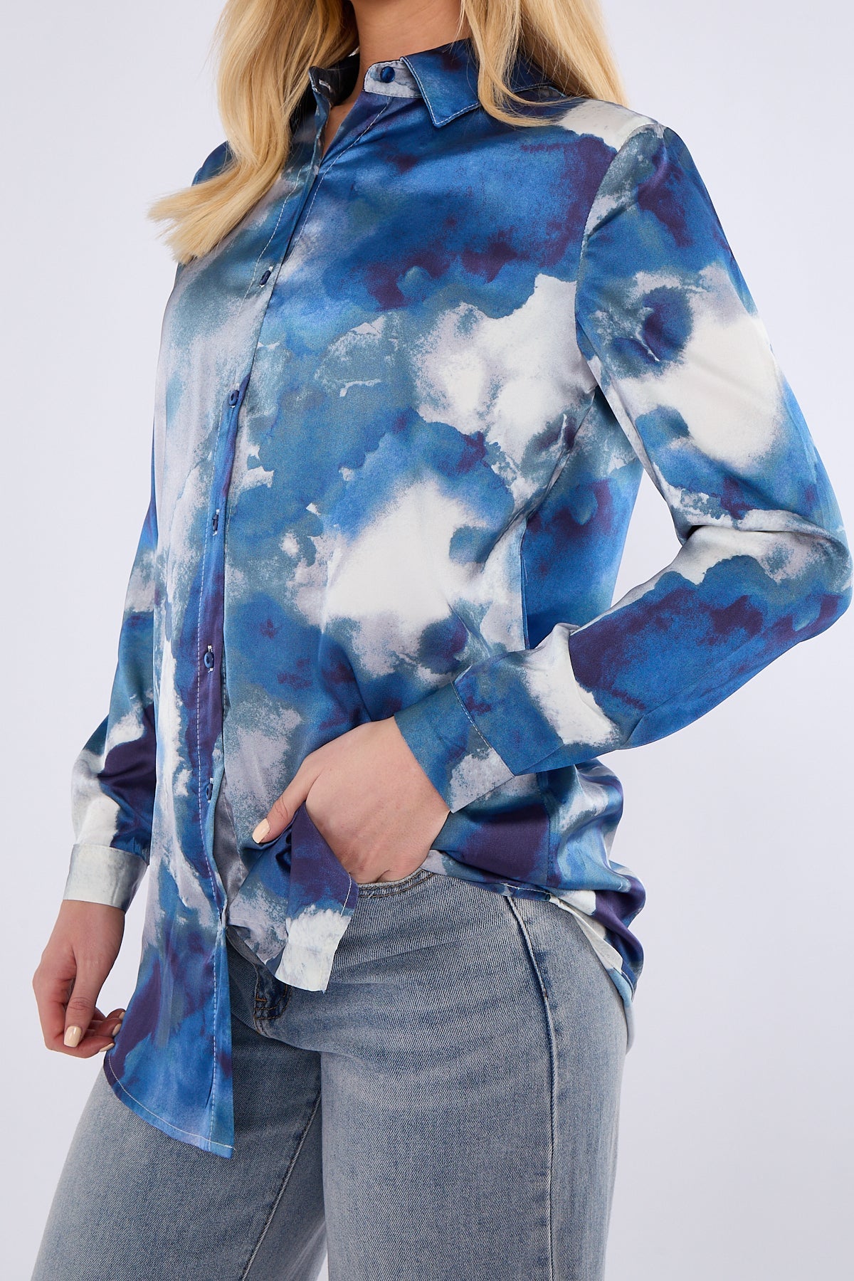 8Pcs Blue Tie Dye Print Satin Shirt
