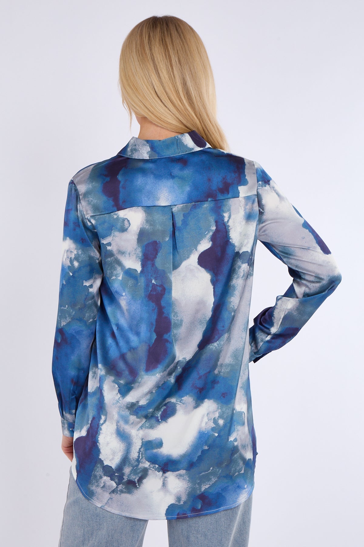 8Pcs Blue Tie Dye Print Satin Shirt