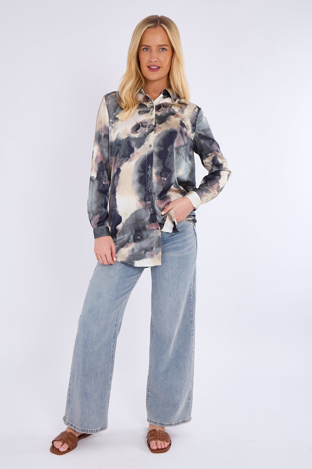 8Pcs Grey Tie Dye Print Satin Shirt