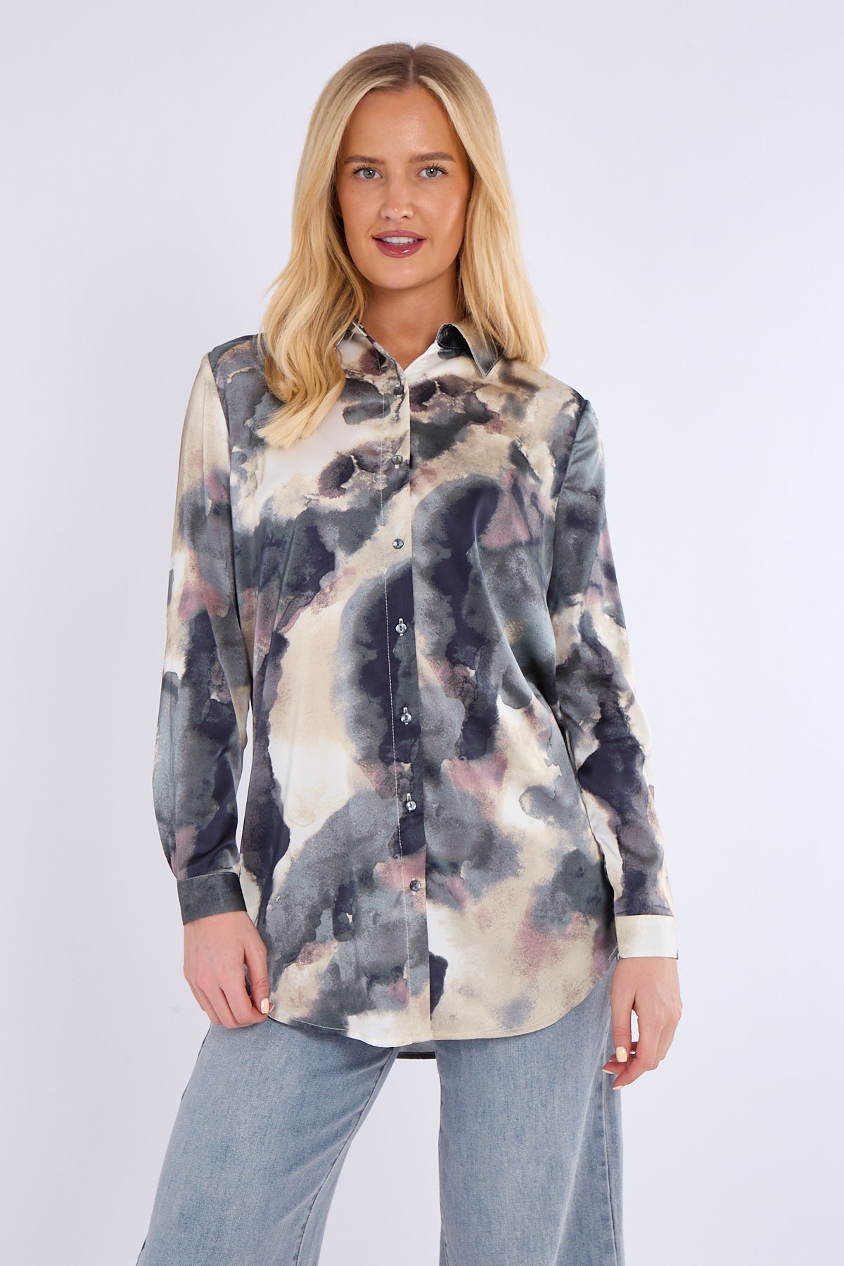 8Pcs Grey Tie Dye Print Satin Shirt