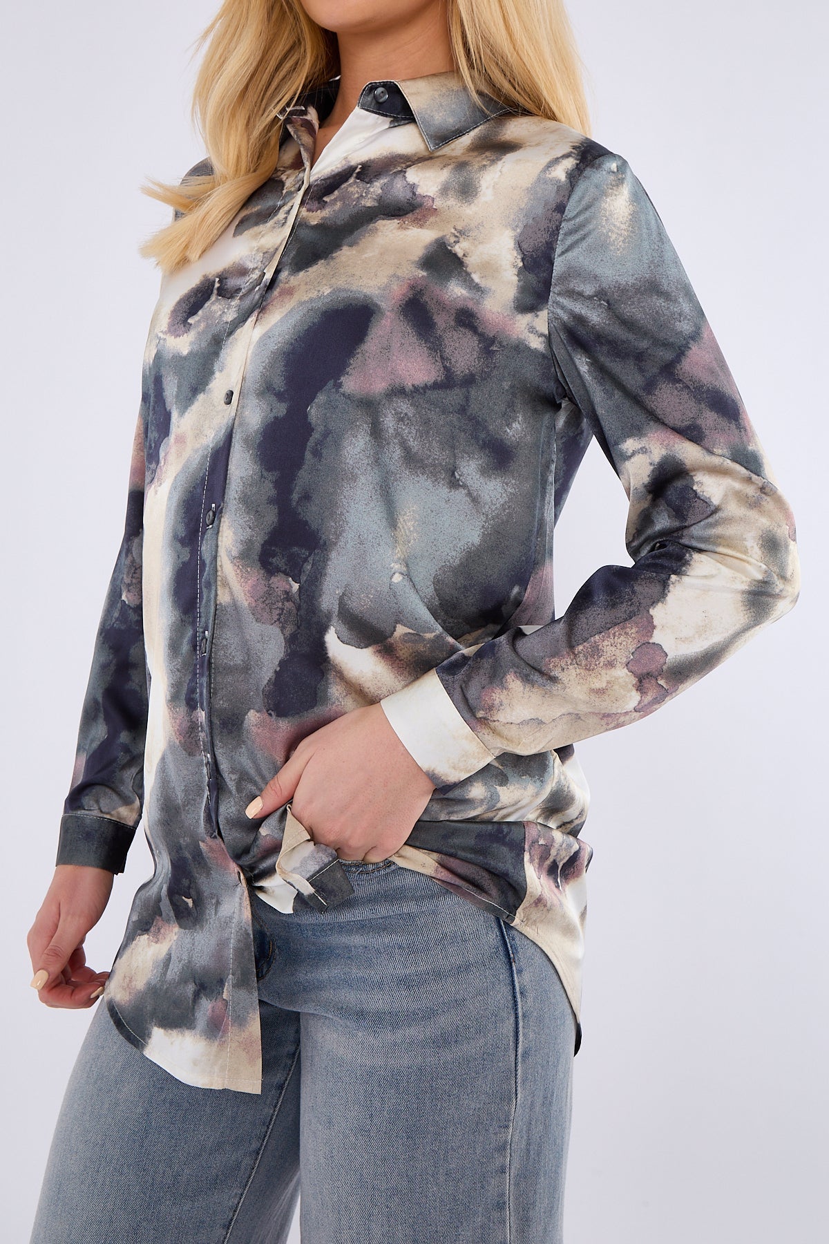 8Pcs Grey Tie Dye Print Satin Shirt