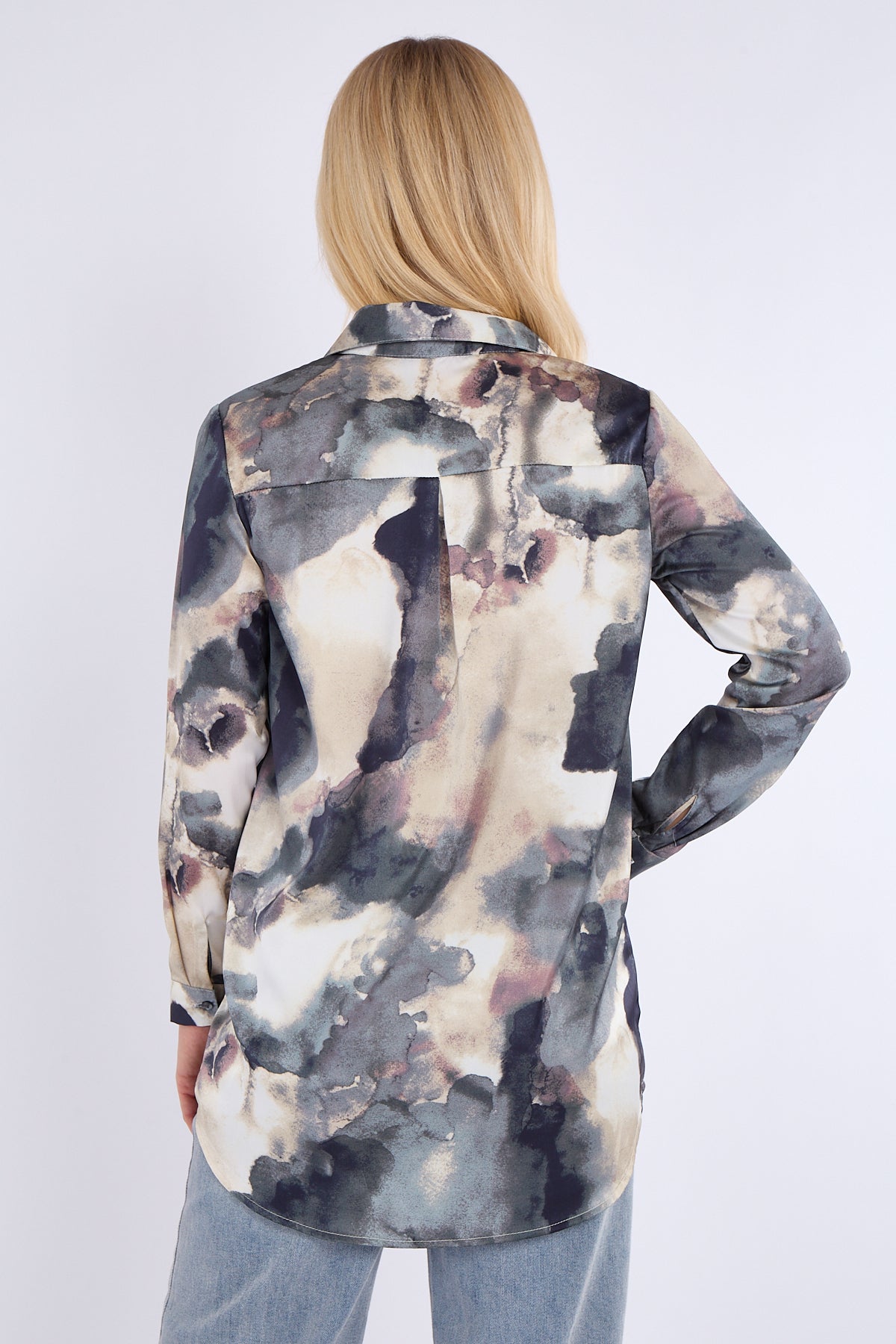 8Pcs Grey Tie Dye Print Satin Shirt