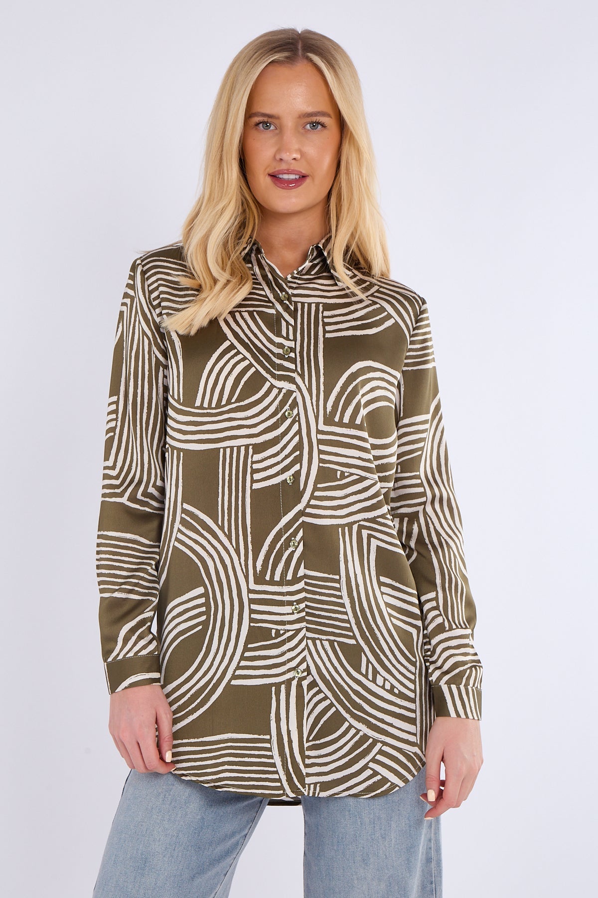 8Pcs Olive Geometric Print Bubble Satin Shirt