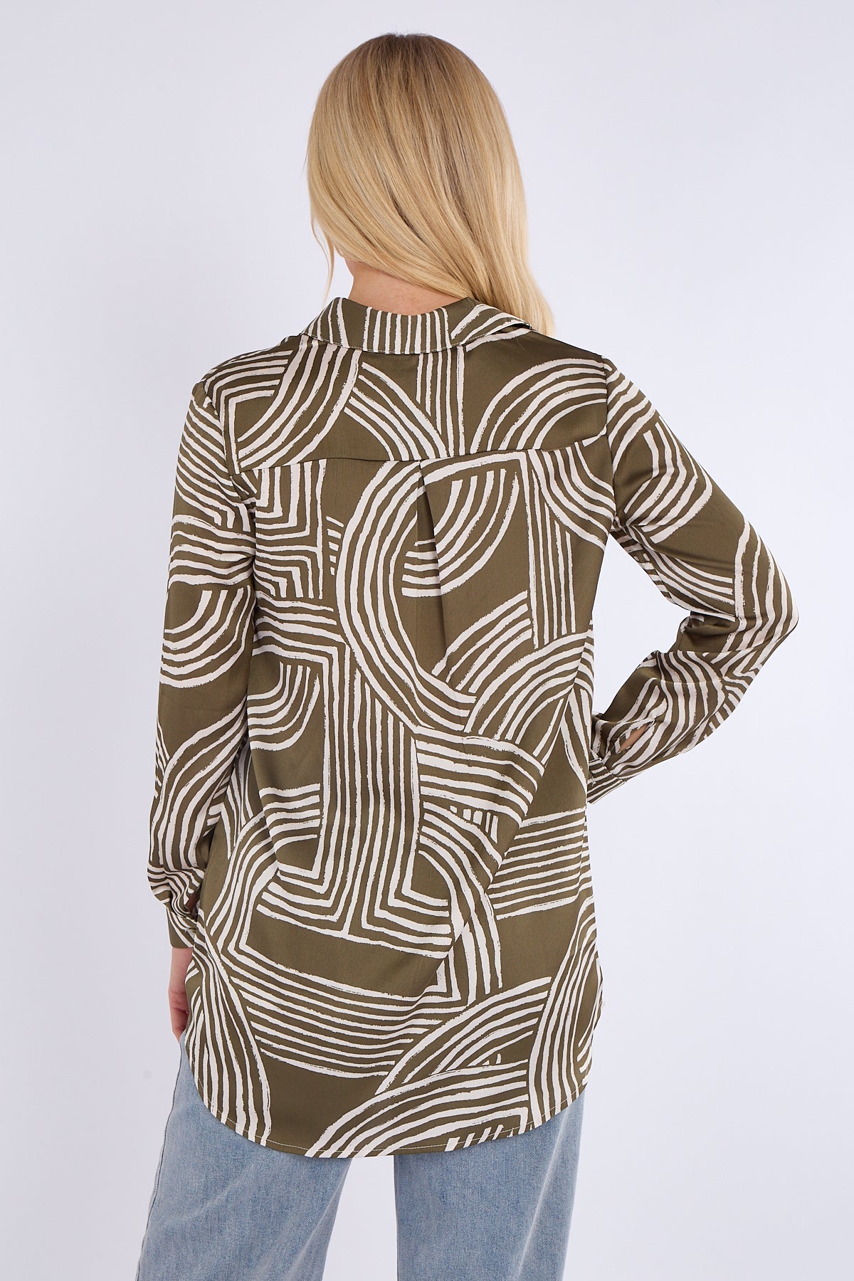 8Pcs Olive Geometric Print Bubble Satin Shirt