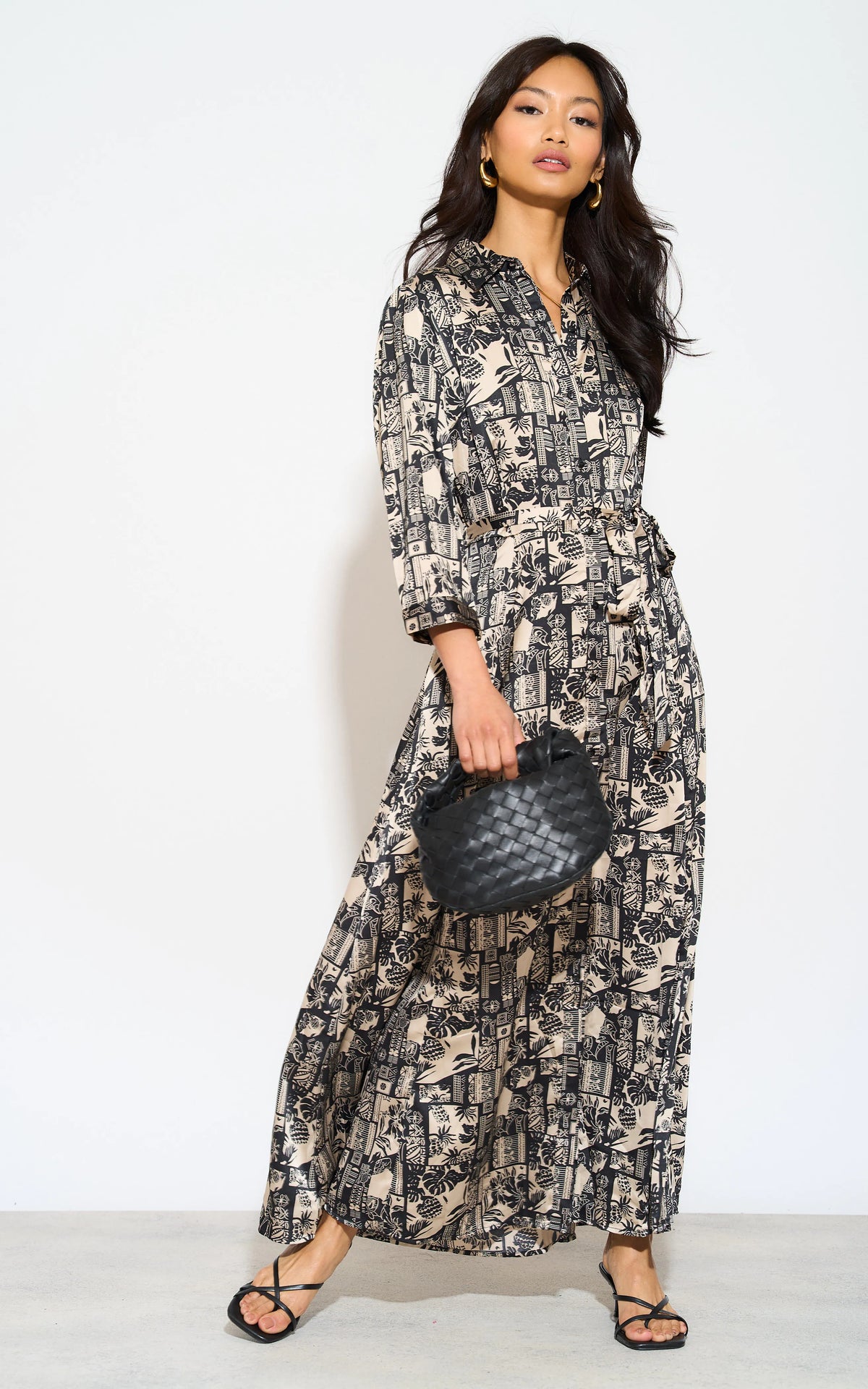 8Pcs Mono Mixed Scarf Print Satin Maxi Shirt Dress