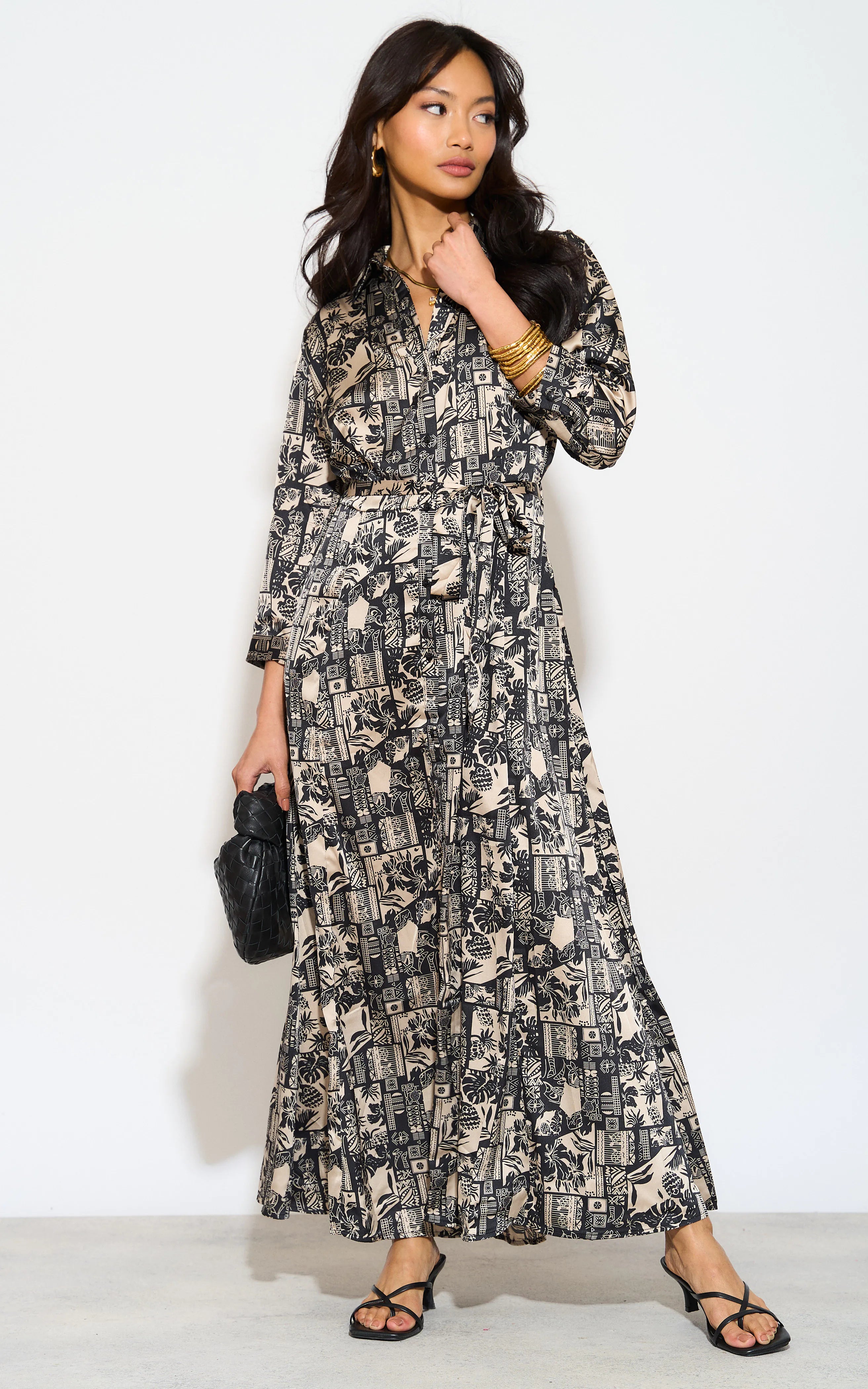 8Pcs Mono Mixed Scarf Print Satin Maxi Shirt Dress