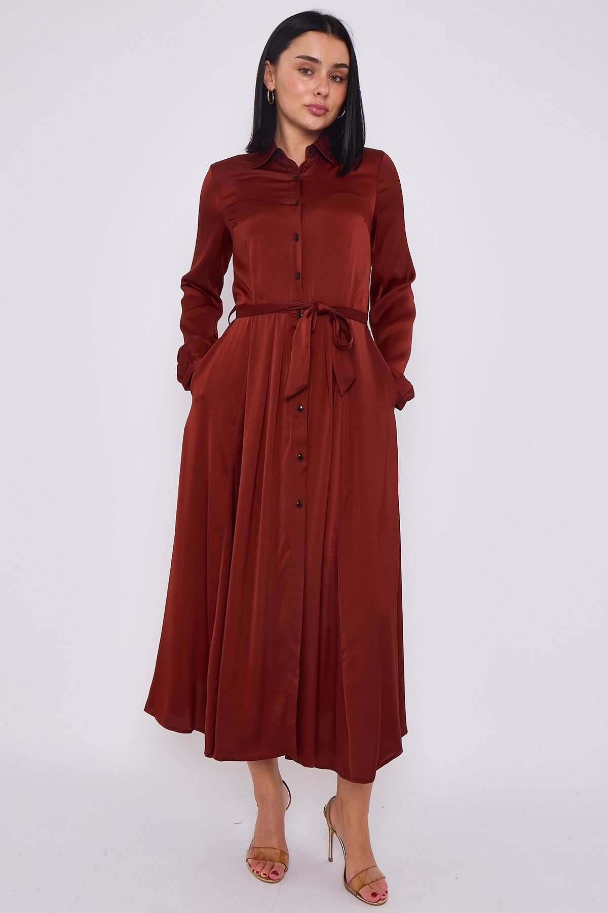 8Pcs Rust Layered Satin Long Sleeve Maxi Shirt Dress