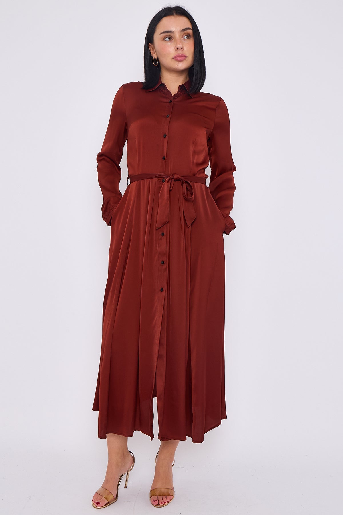 8Pcs Rust Layered Satin Long Sleeve Maxi Shirt Dress
