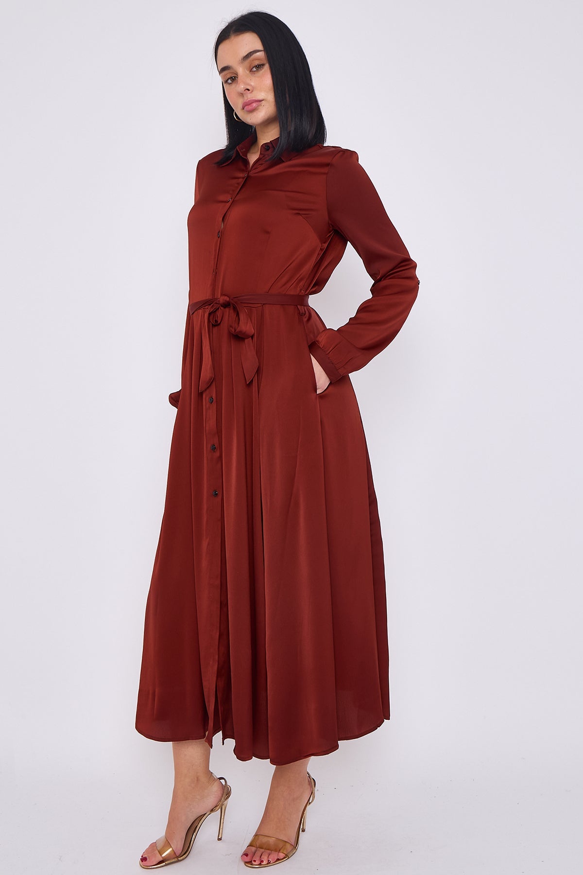 8Pcs Rust Layered Satin Long Sleeve Maxi Shirt Dress