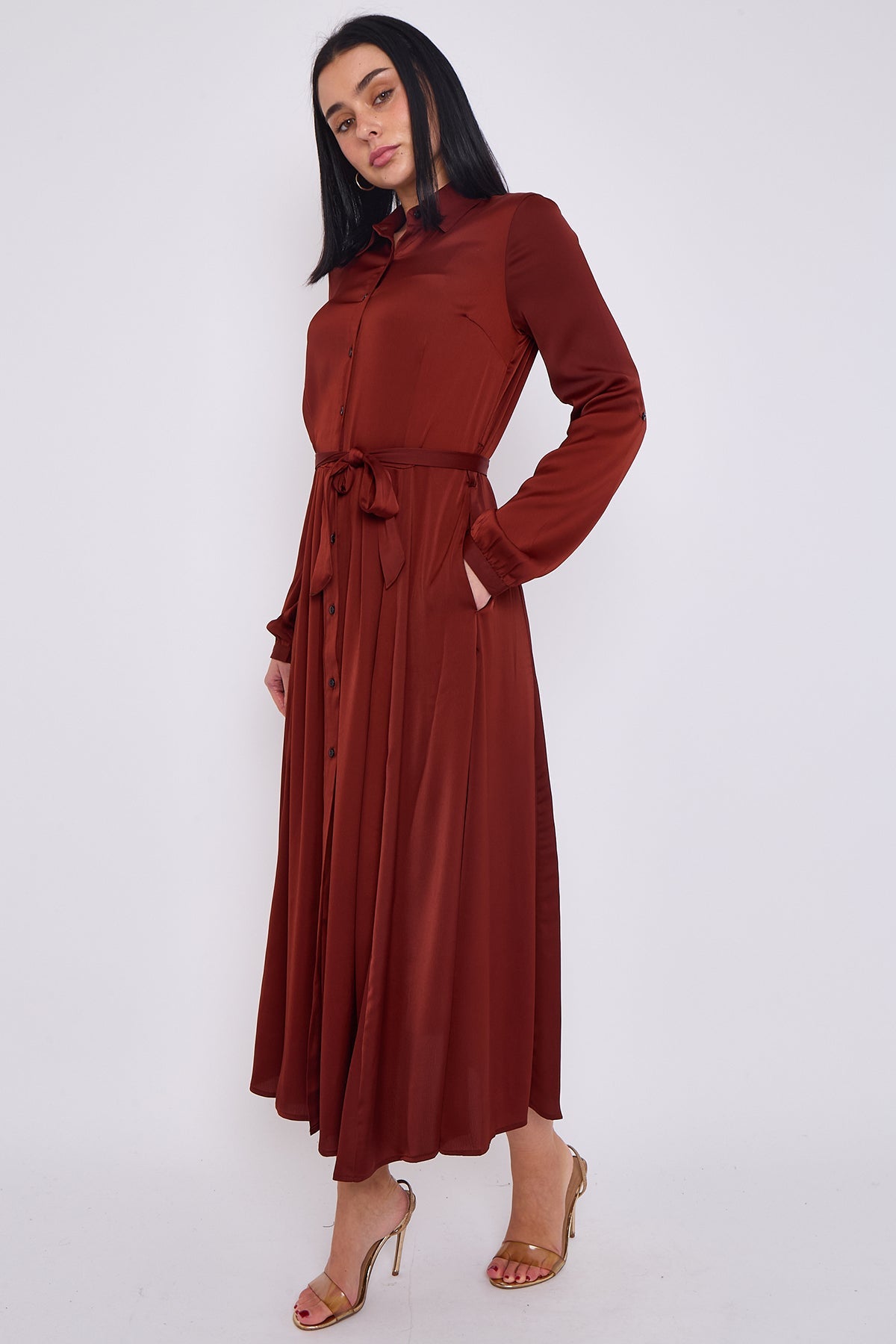 8Pcs Rust Layered Satin Long Sleeve Maxi Shirt Dress
