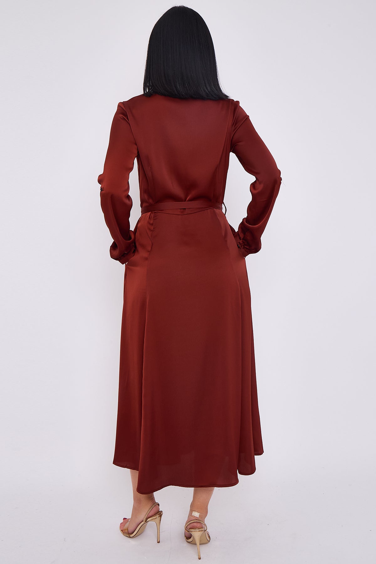 8Pcs Rust Layered Satin Long Sleeve Maxi Shirt Dress