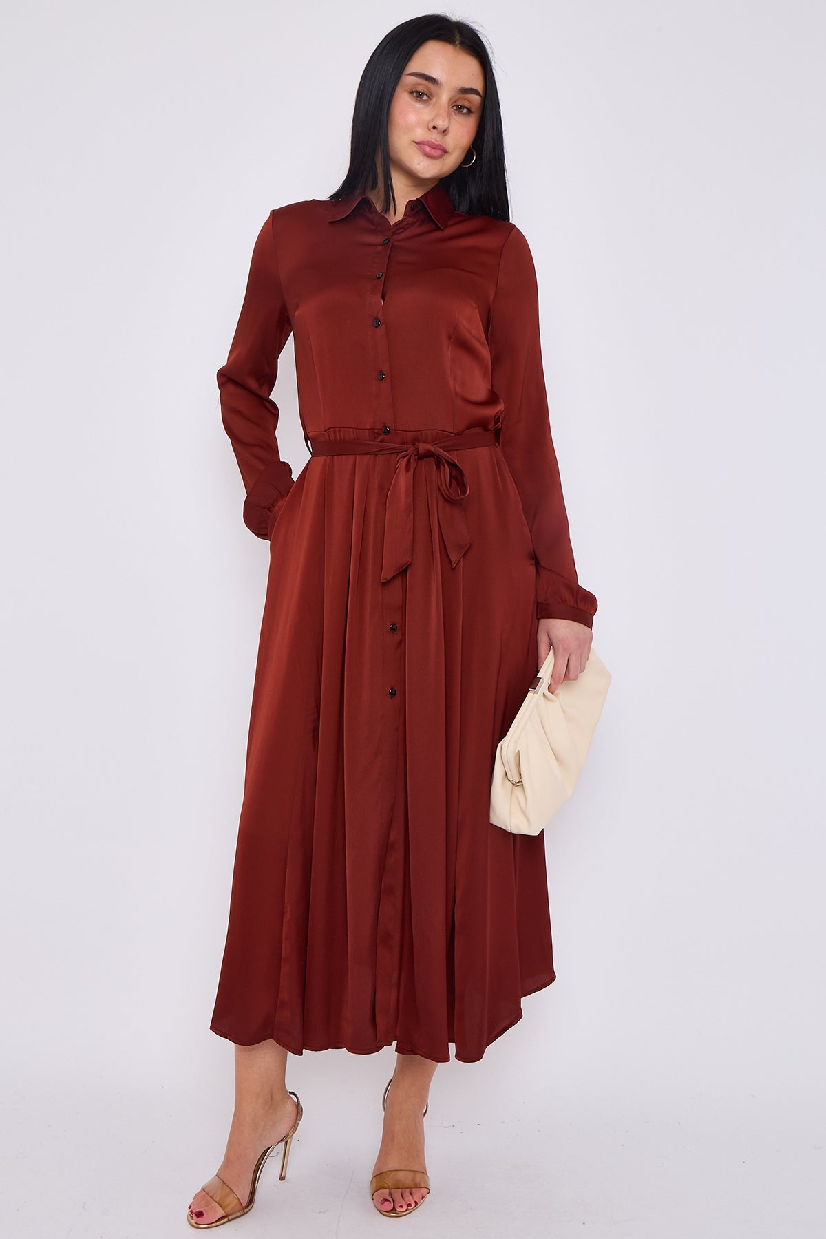 8Pcs Rust Layered Satin Long Sleeve Maxi Shirt Dress